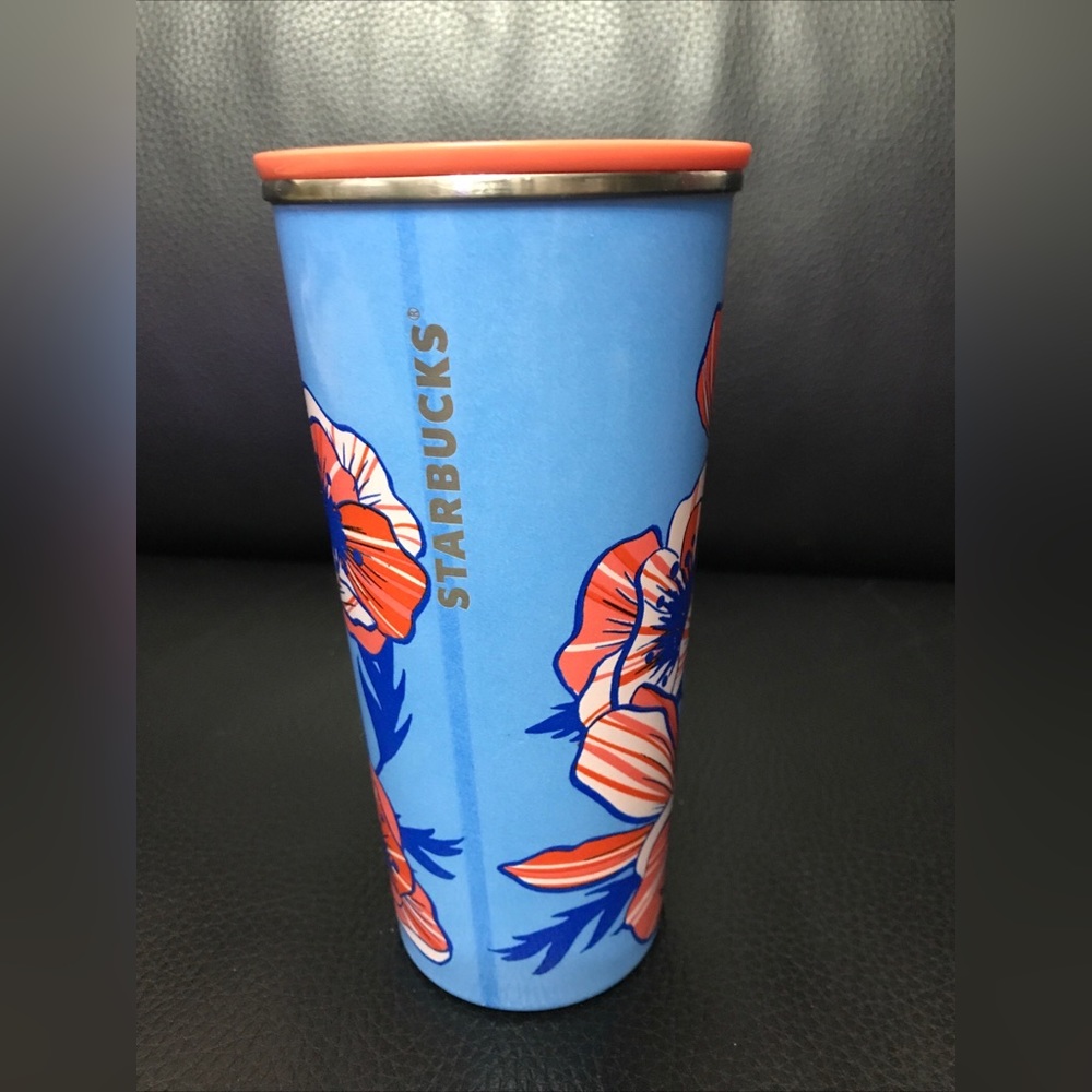 Rare! Starbucks 16 Oz stainless steel tumbler. Venti pink blue flowers.